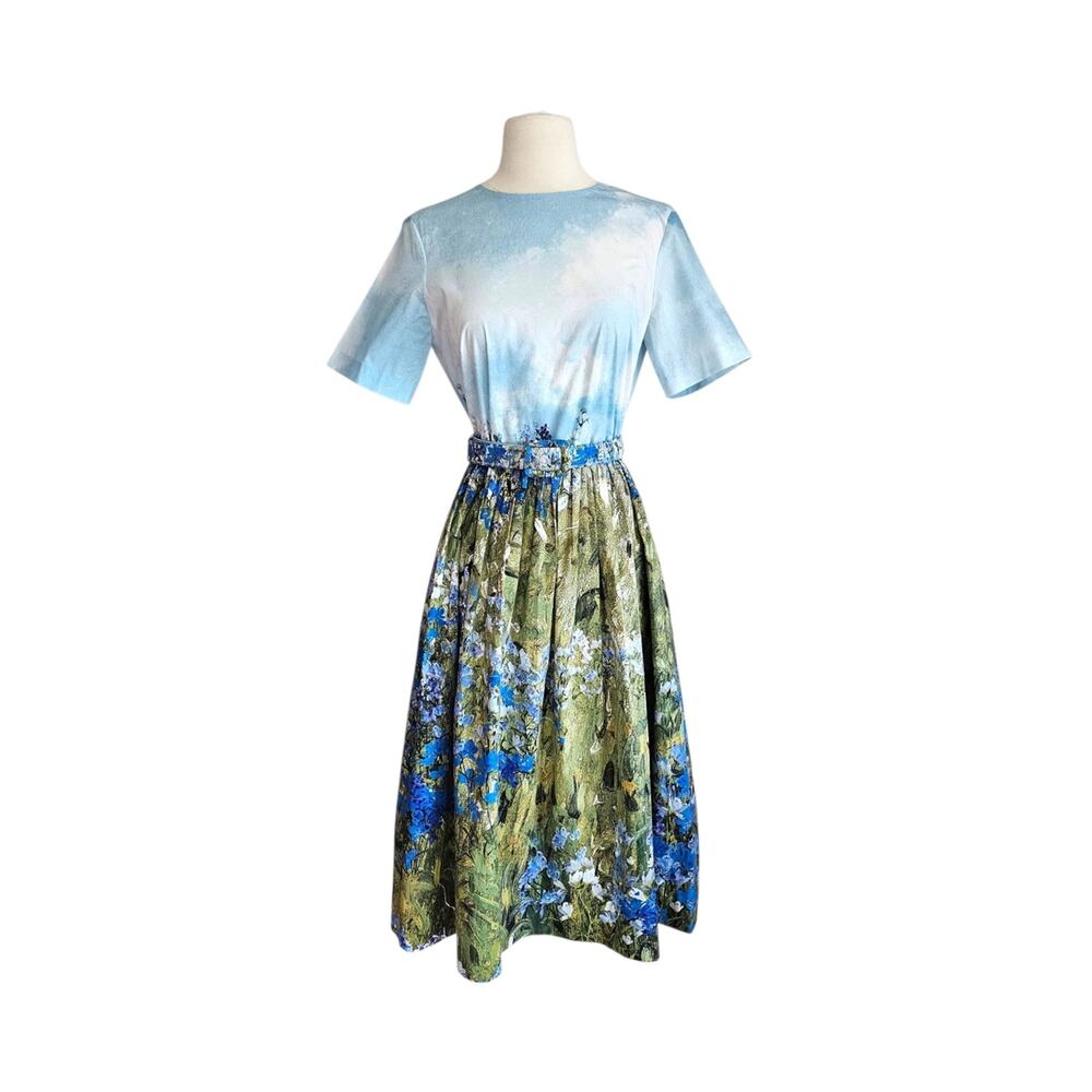 Oscar de la Renta Floral Painting Belted Midi Poplin Dress Resort 2022 Size 6